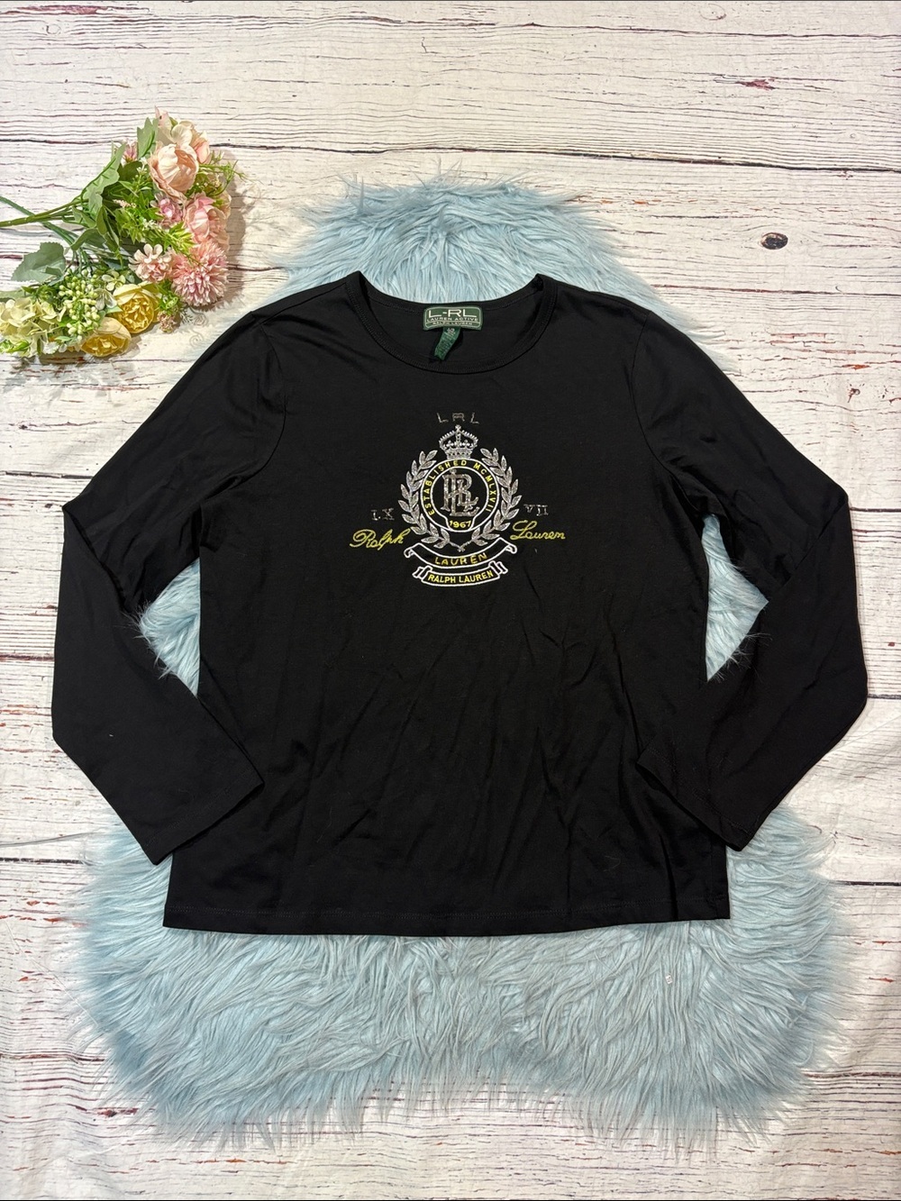 Ralph Lauren Active Embellished Logo Emblem Embroidered Long Sleeve Top